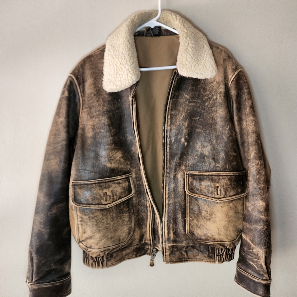 VINTAGE AUTHENTIC LEATHER Jacket acrylic collar